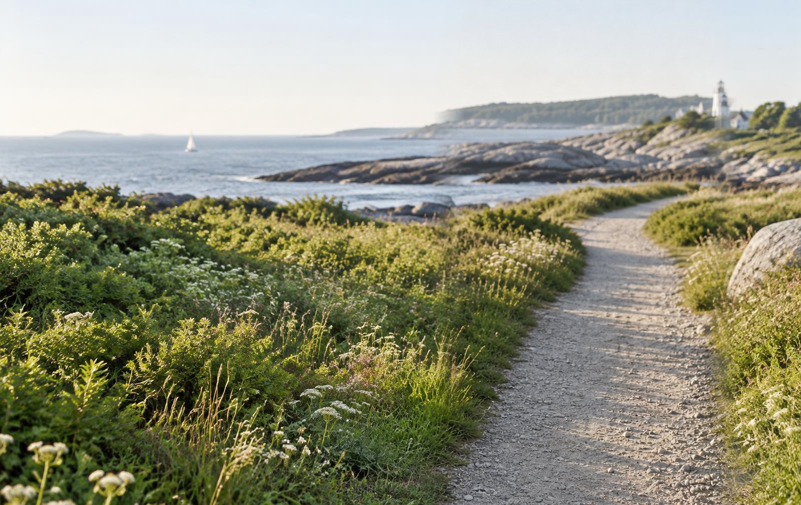 Sunlit coastal view with calm water and gentle hills