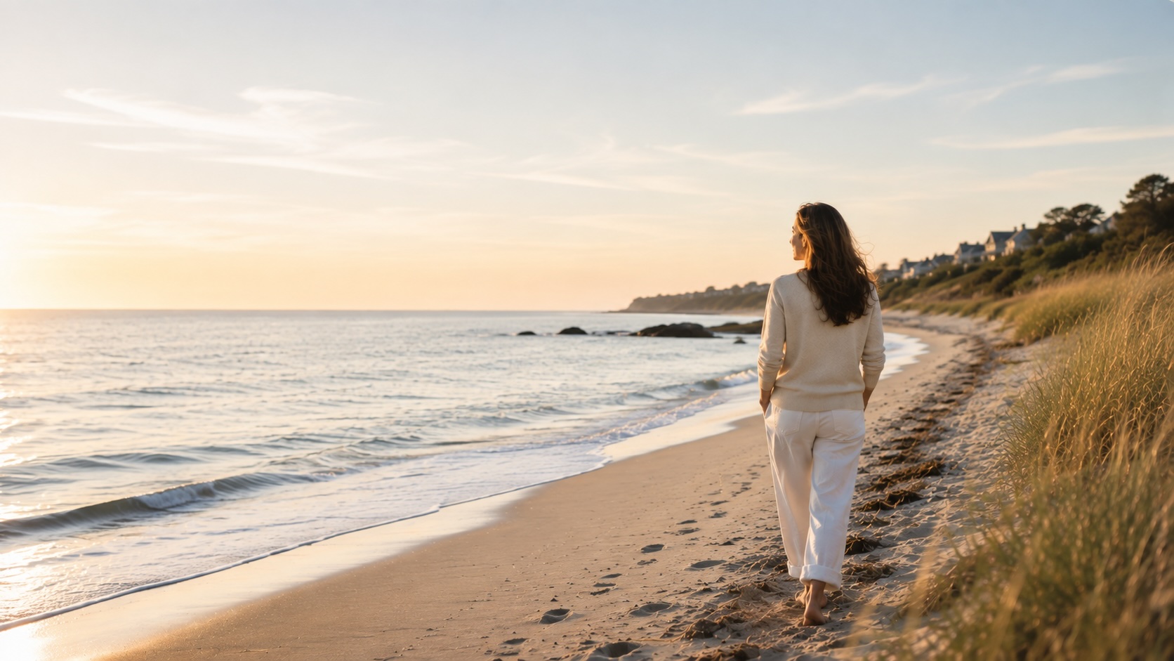 Woman walking on a beach at golden hour